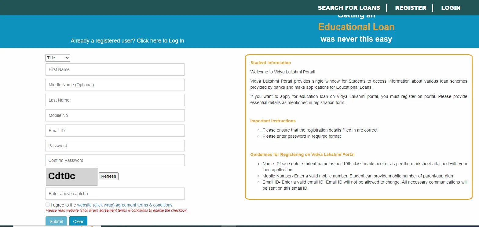 vidya lakshmi portal registration process