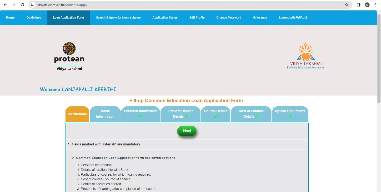 vidya lakshmi portal education loan application form